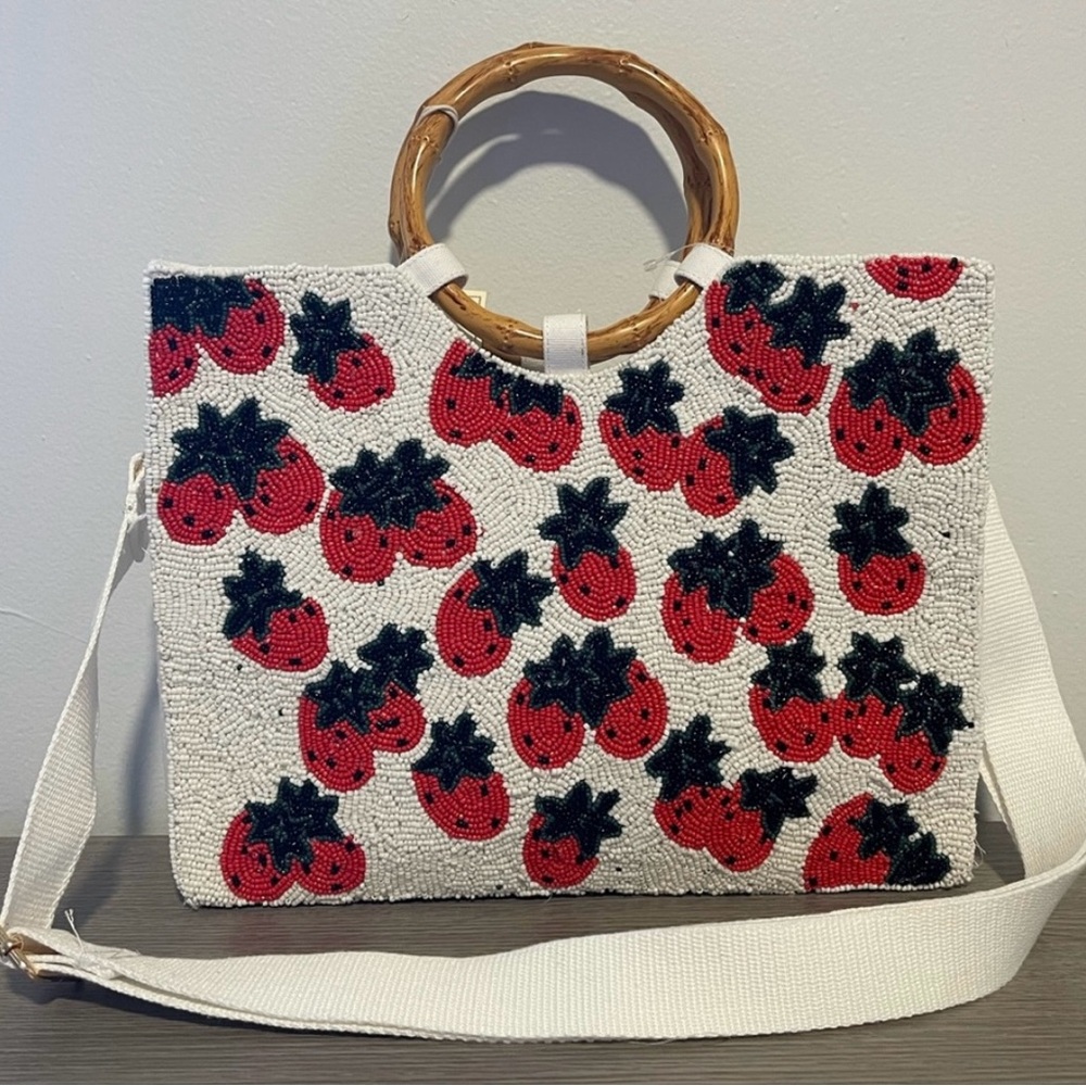 Beaded purse Strawberry Patterned White Handbag with Bamboo Handle Tjmaxx Viral